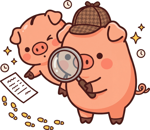 Detective Buck in a deerstalker hat with magnifying glass while Penny peeks over his shoulder